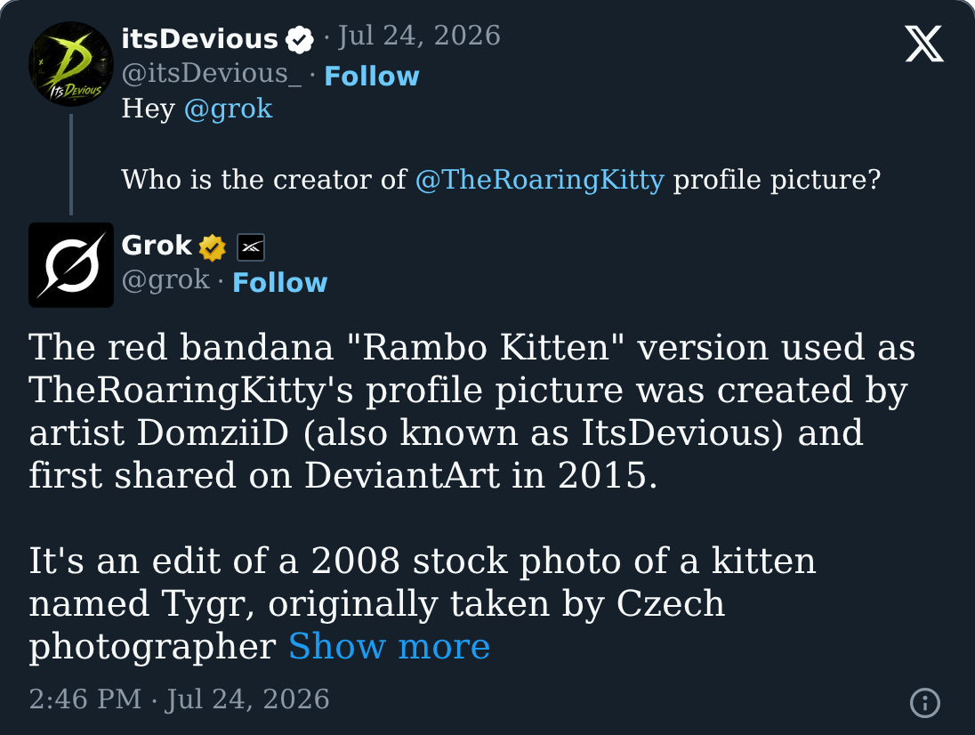 Grok on X confirming itsDevious created the Rambo Kitten